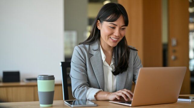 Smiling woman in blazer working on laptop with coffee and tablet on wooden desk in office setting