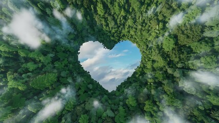 Heart shaped opening in a dense green forest canopy revealing sky