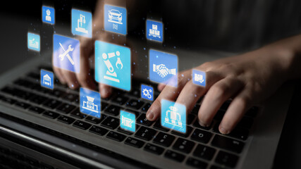 Mechanized industry automation and modern production system with robotic arms, gears, tools and loEnticeics for efficient mechanized industry process. Entice