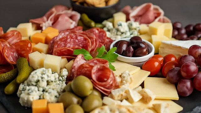 Appetizing charcuterie board cheese cubes, cured meats, olives, pickles, grapes, crackers