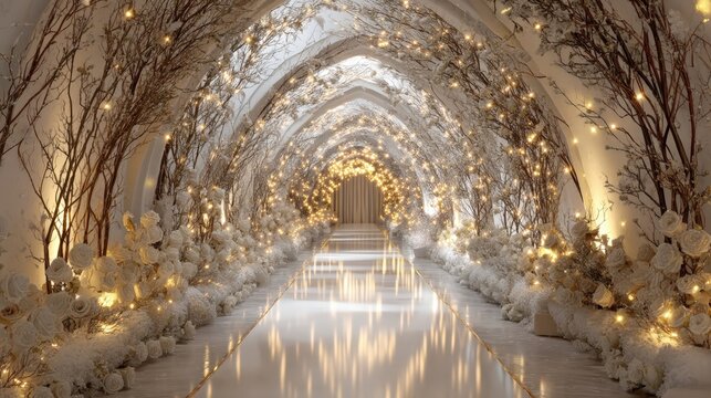 Una impresionante vista de un pasillo iluminado con luces y ramas blancas, creando una atmósfera mágica y elegante.
