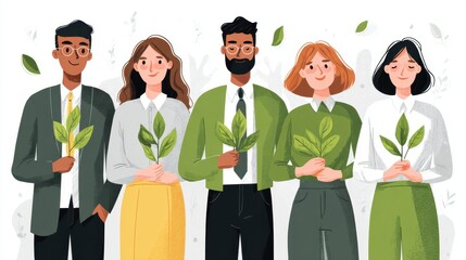 Diverse Group of People Holding Green Leaves in Formal Attire in Bright Illustration