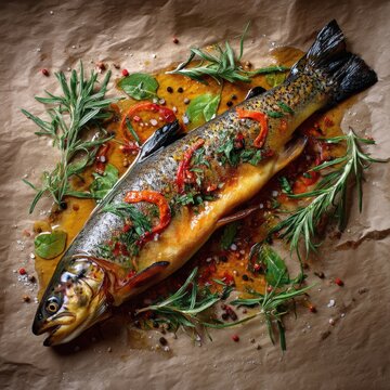 Una trucha asada con hierbas y especias sobre papel de hornear.
