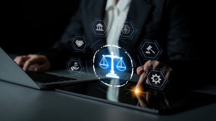 Futuristic digital law interface displaying justice scale, highlighting digital law, AI compliance,...
