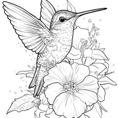 Obraz premium Hummingbird is perched on a flower. The flower is pink and has a yellow center. The bird is small and has a long beak. Concept of peace and tranquility, as the bird is surrounded by nature