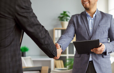 Business handshake of success agreement between partners after meeting and contract signing....