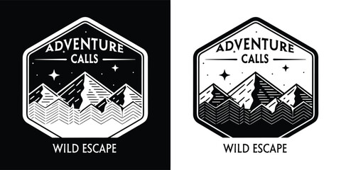 Obraz premium Mountain range emblem with text adventure calls and wild escape on black and white backgrounds, representing exploration and nature