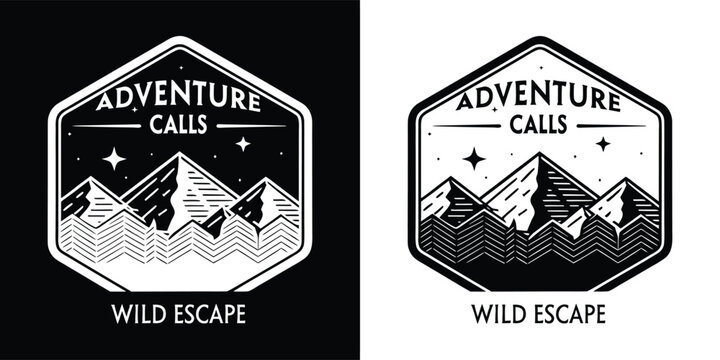 Mountain range emblem with text adventure calls and wild escape on black and white backgrounds, representing exploration and nature
