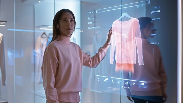 Woman interacts with futuristic holographic display selecting clothing in modern retail space