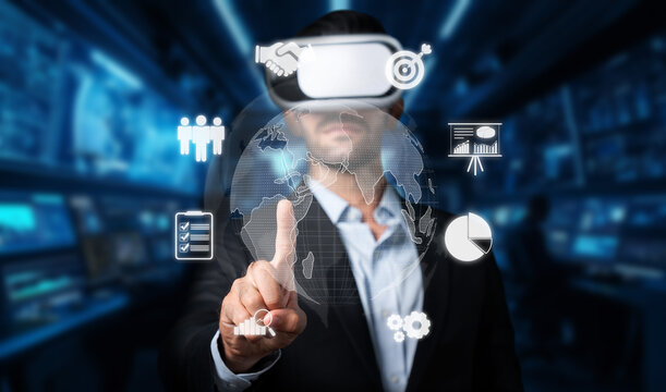 A business professional engages with virtual reality tools, exploring global data and financial analytics for enhanced decision-making and corporate strategy development. XDMCP