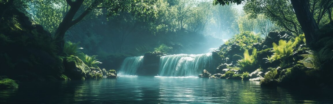A tranquil waterfall cascades into a serene lagoon in an enchanted, sunlit forest paradise, creating a magical and peaceful scene