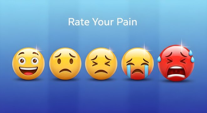 Pain scale medical assessment using five emoji faces showing different levels of discomfort.