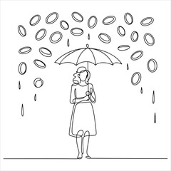 Woman Shielded by Umbrella from Falling Gold Coins Financial Protection Concept