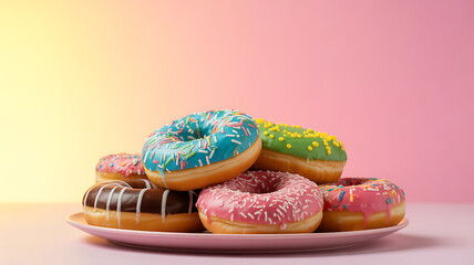 A plate of colorful frosted donuts with sprinkles on a pastel background