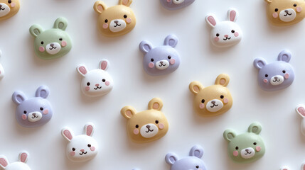 Fototapeta premium A delightful collection of cute, pastel-colored animal charms, including bears and bunnies, arranged on a white background.