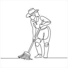 Continuous line drawing of a person in a hat sweeping the floor with a broom, illustrating concepts of cleanliness and household chores