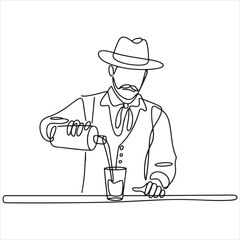 One line drawing of a cowboy bartender pouring a drink from a bottle into a glass at the bar