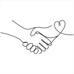 Continuous Line Art Handshake with Heart Symbolizing Trust, Agreement, Partnership, Connection, and Unity in Minimalist Style