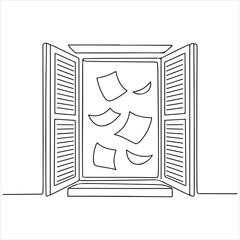 Open Window with Papers Flying Out A Simple Line Drawing Depicting Freedom