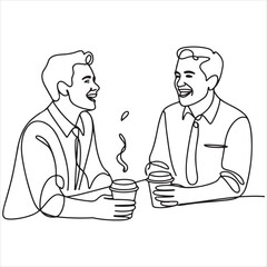 Continuous Line Drawing of Two Men Chatting Over Coffee