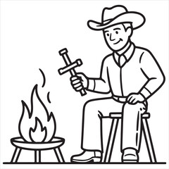 Cowboy Cooking Over Campfire A Line Art Illustration of Outdoor Leisure