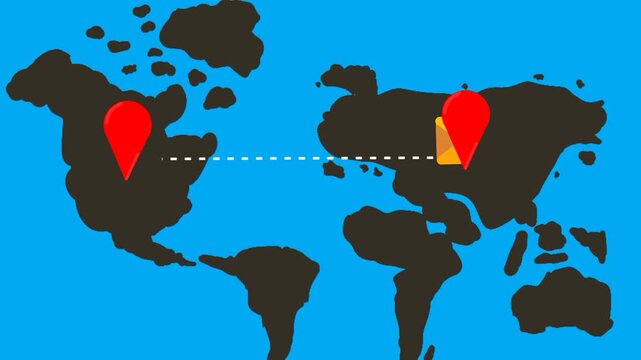 Email sending animation across countries on world map. Moving mail icon traveling between nations. Global communication concept.