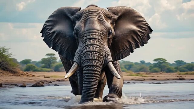 A majestic elephant wading through shallow water with trees and sky in the background view scene elephant video