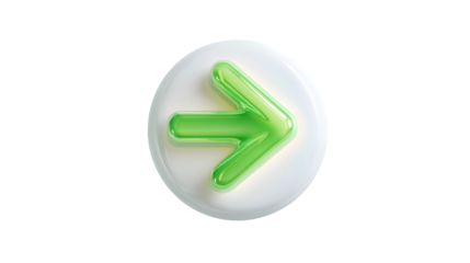 A shiny green arrow icon points to the right inside a glossy white circular button symbolizing forward movement or next step