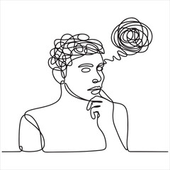 Conceptual one-line drawing of a person with a tangled mind, illustrating mental health issues like anxiety and stress