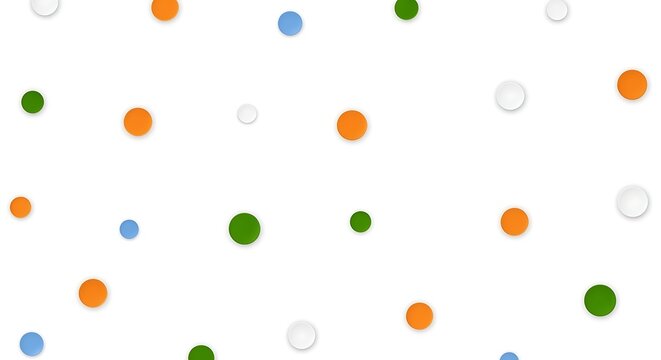 Abstract pattern of colorful polka dots in orange blue and green scattered across a clean white background - Powered by Adobe