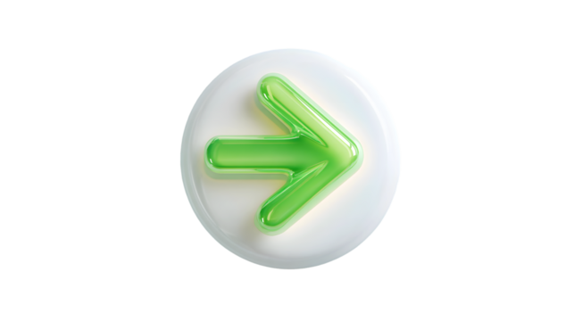 A shiny green arrow icon points to the right inside a glossy white circular button symbolizing forward movement or next step