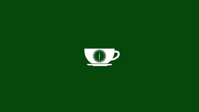 White coffee cup with clock on saucer on dark green background time beverage