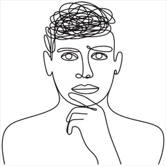 One Line Drawing of a Pensive Male Face with Chaotic Hair, Expressing Overthinking, Stress, or Deep Contemplation