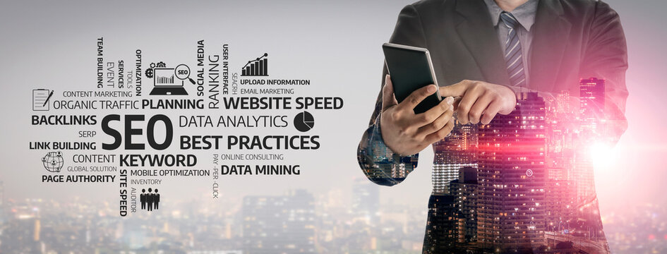 A business professional analyzes data metrics on a smartphone, with SEO and analytics concepts illustrated against a dynamic city skyline, symbolizing modern business growth. Tessel - Powered by Adobe