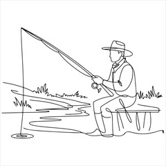 A man dressed in fishing attire sits on a bench by the water, casting a fishing rod into the stream