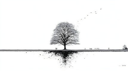 Solitary tree with exposed roots and a flock of birds in a minimalist black and white landscape with distant figures under a bright sky