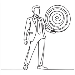 Single continuous line art portraying a confident businessman displaying a spiral target, highlighting objectives and business success