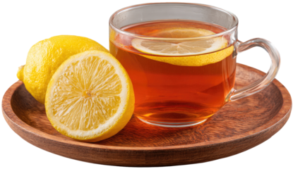 Glass teacup filled with tea, lemon slices, wooden tray