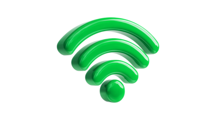 A glossy three dimensional green wireless internet symbol representing connectivity and a strong signal
