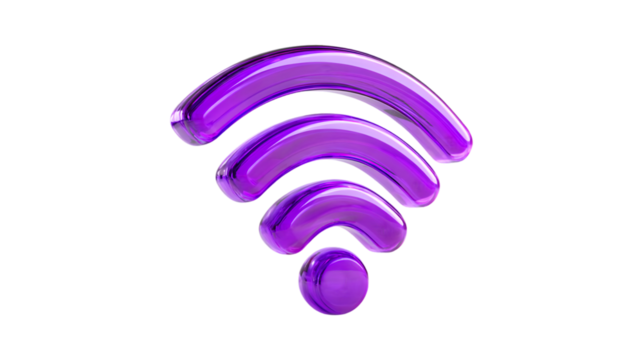 A shiny purple three dimensional wireless internet signal icon with a glossy glass texture on a black background