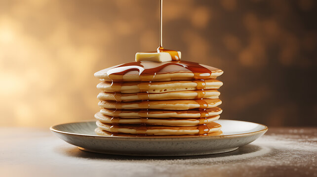 Stack of golden pancakes with syrup and butter being poured on top