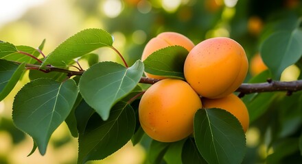 Sunlit Ripe Apricots on Tree Branch &mdash; Vibrant Summer Orchard Close-Up.