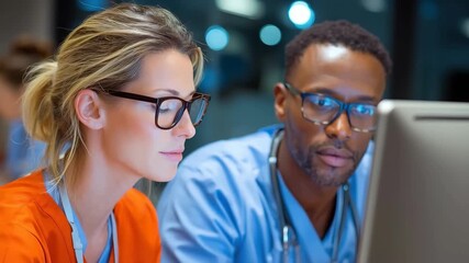 Medical professionals collaborate in a healthcare setting to analyze patient data and improve treatment strategies during a late evening shift - Powered by Adobe