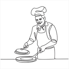 Continuous line art depicting a cheerful chef expertly flipping golden pancakes, symbolizing culinary joy and breakfast preparation
