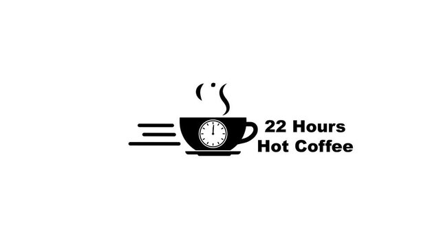 Black icon of a coffee cup with a clock face and steam, with text 22 Hours Hot Coffee on a white background