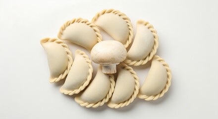 Fototapeta premium Uncooked Varenyky Dumplings with Fresh Mushrooms on White — Homemade Traditional Meal Top View.