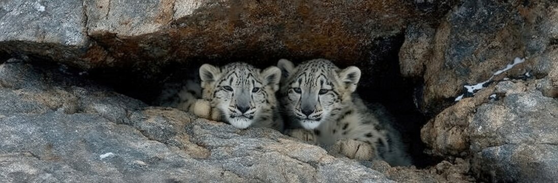 Dos cachorros de leopardo de las nieves asoman desde una grieta rocosa, con una mirada intensa y salvaje.