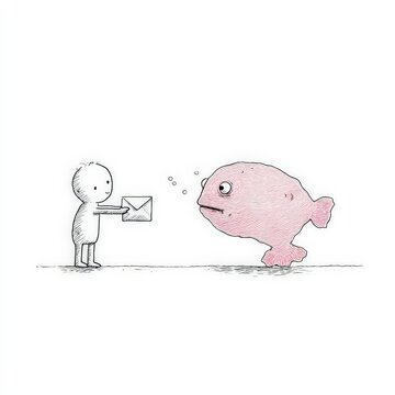 Un hombrecito entrega una carta a un pez rosa con expresi&oacute;n sorprendida.
