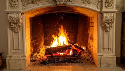 Ornate fireplace ablaze with fire and glowing embers