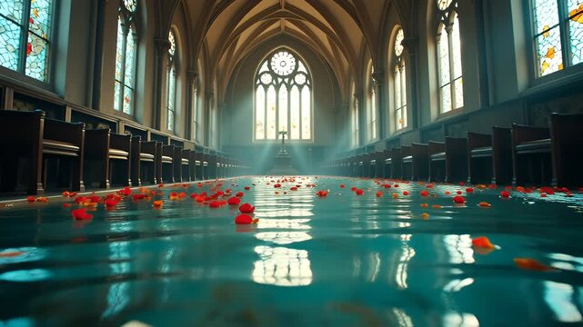 Gothic Cathedral Interior With Rose Petals Floating On Water And Sunbeams Shining Through Stained Glass Windows